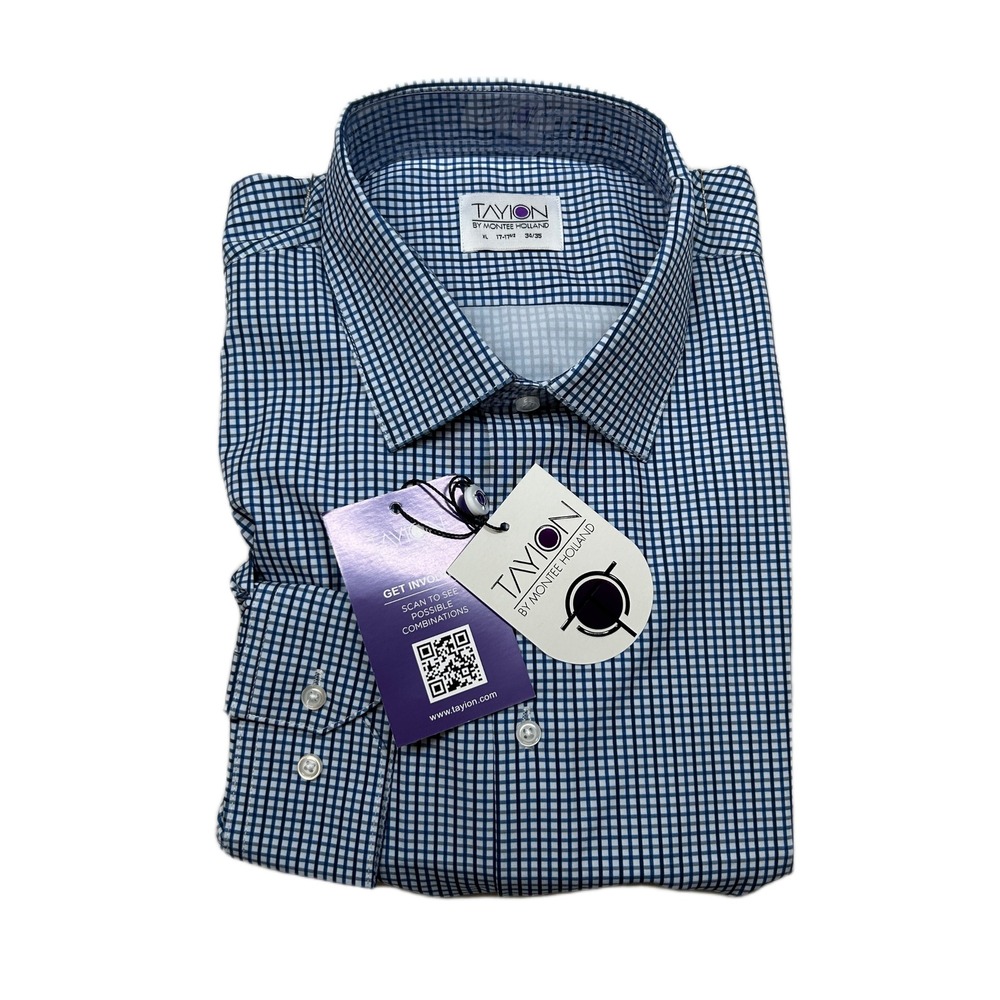 Tayion Collection Slim-Fit Check Dress Shirt Mens‎ XL 17-17.5 34/35 Blue NEW